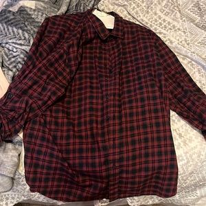 Flannel button down, red and black plaid